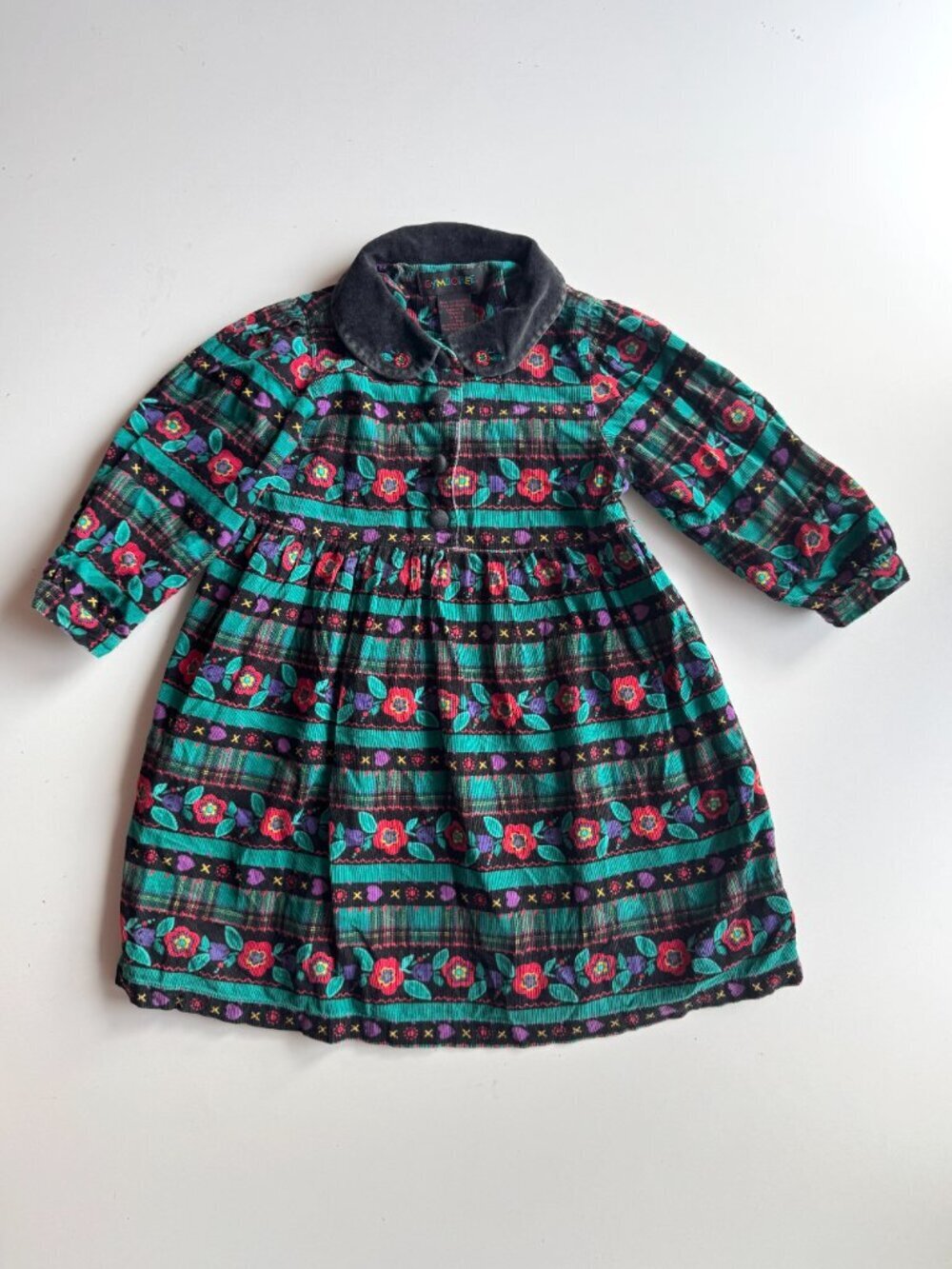 Vintage Girls' GYMBOREE Black Floral Cotton Corduroy Dress, Size S (5-6)
